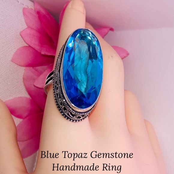 Huge Blue Topaz Gemstone Handmade Ring - Picture 1 of 5
